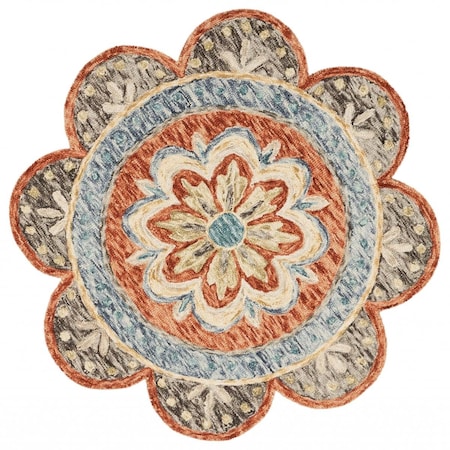 Homeroots 4 ft. Round Orange Scalloped Edge Area Rug 393673